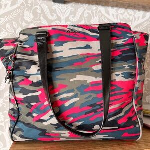 Kipling Camo Tote Pink, Green Gray Triple Entry w/ Metal Gorilla Key Chain Charm